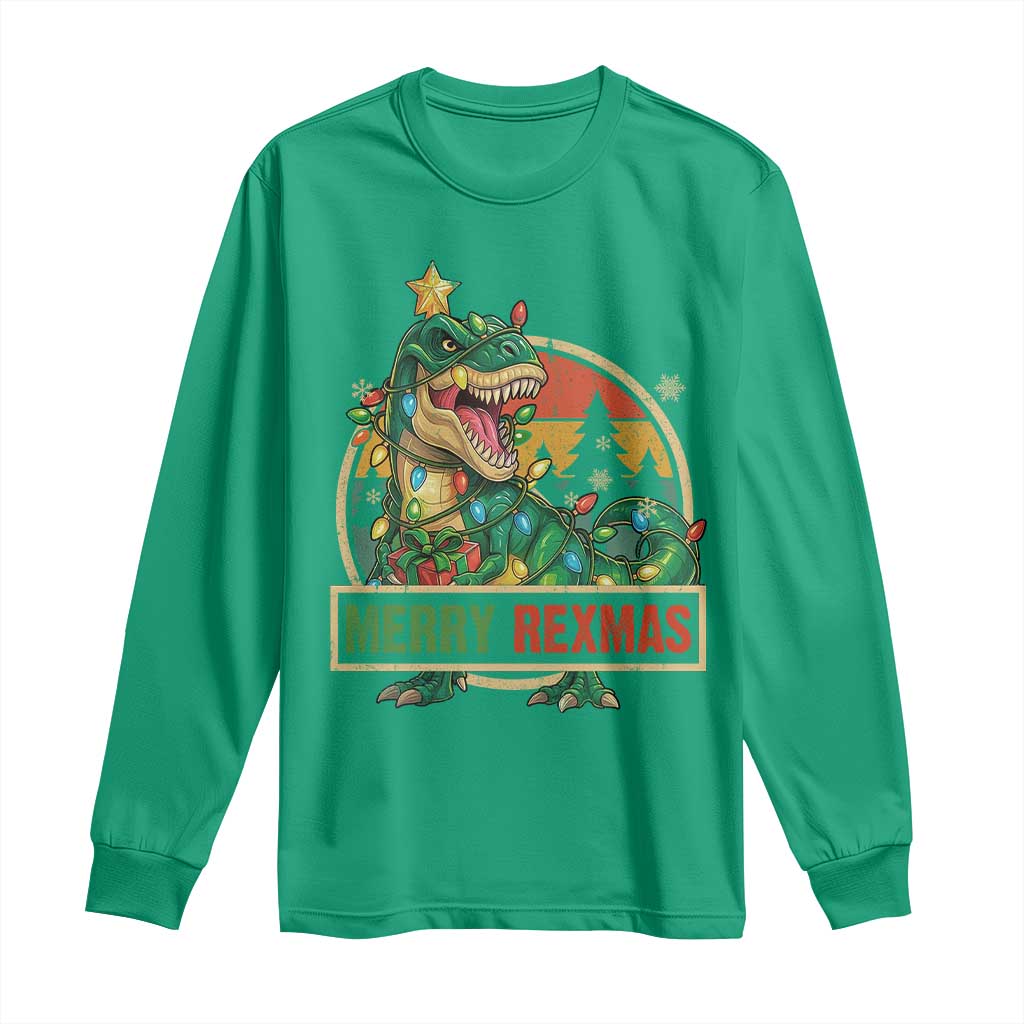 Funny Christmas Dinosaur Long Sleeve Shirt Merry Rexmas Dino Xmas Tree TS11 Irish Green Print Your Wear