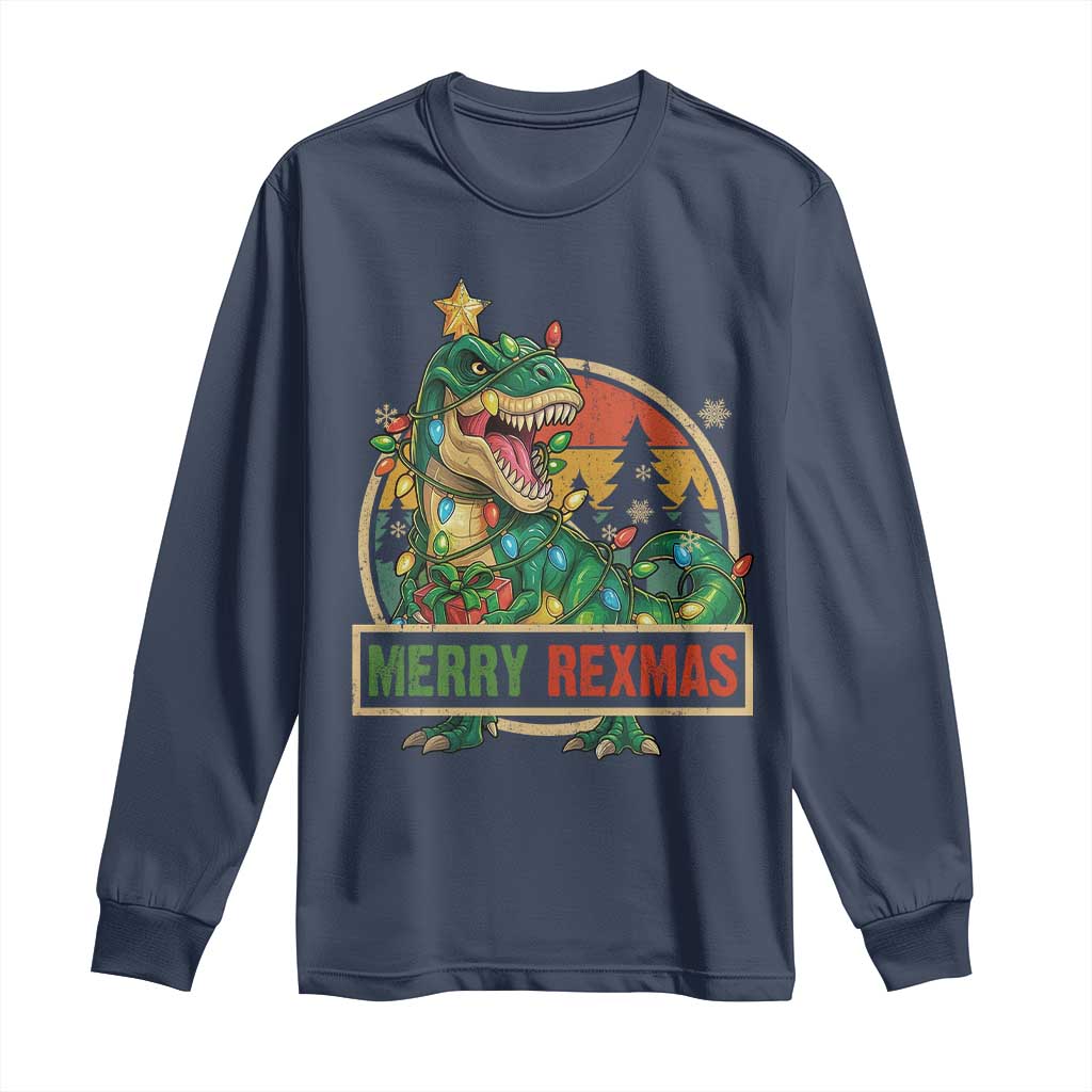 Funny Christmas Dinosaur Long Sleeve Shirt Merry Rexmas Dino Xmas Tree TS11 Navy Print Your Wear