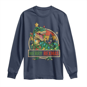 Funny Christmas Dinosaur Long Sleeve Shirt Merry Rexmas Dino Xmas Tree TS11 Navy Print Your Wear