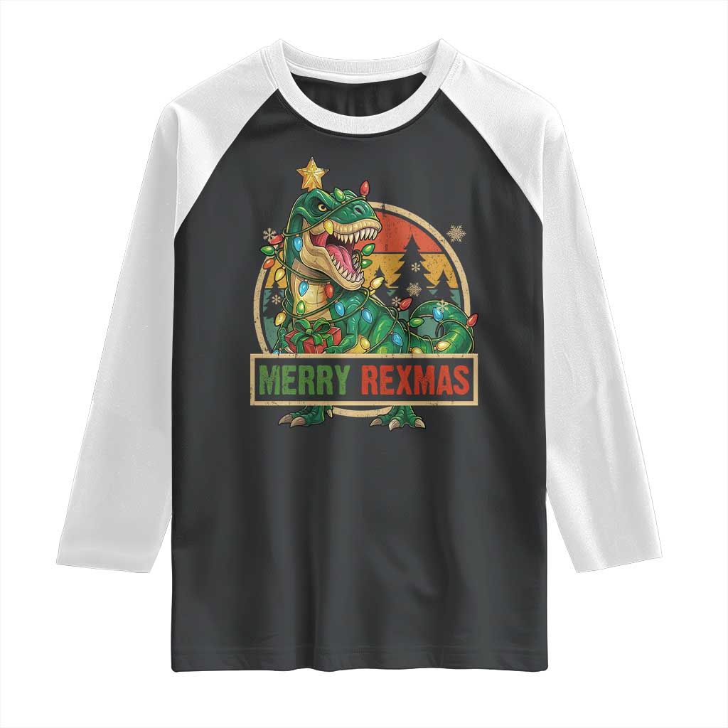 Funny Christmas Dinosaur Raglan Shirt Merry Rexmas Dino Xmas Tree TS11 Black White Print Your Wear