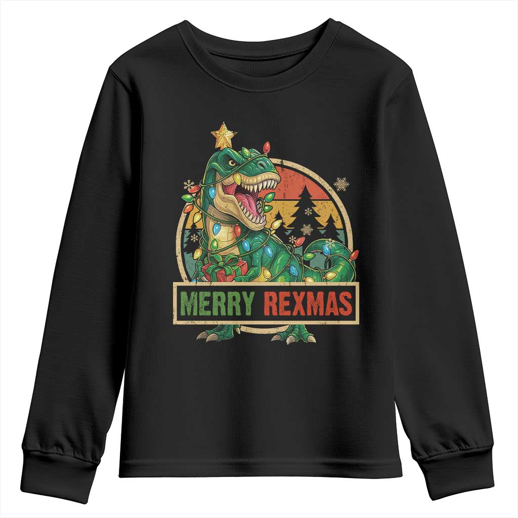 Funny Christmas Dinosaur Youth Sweatshirt Merry Rexmas Dino Xmas Tree TS11 Black Print Your Wear