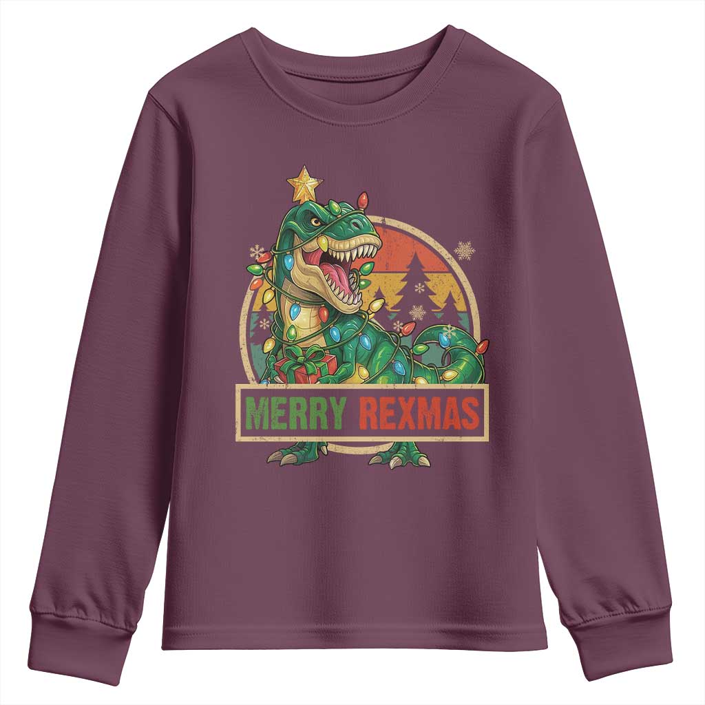 Funny Christmas Dinosaur Youth Sweatshirt Merry Rexmas Dino Xmas Tree TS11 Maroon Print Your Wear