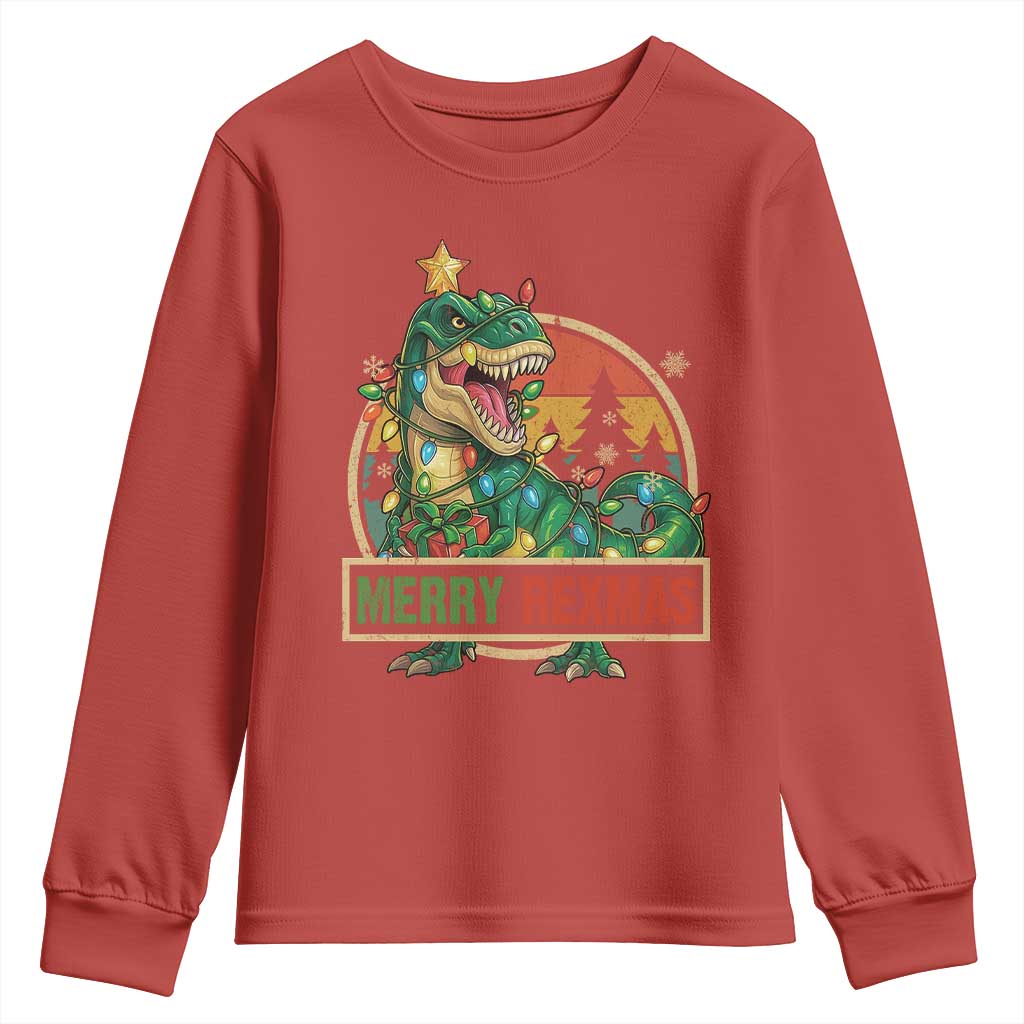 Funny Christmas Dinosaur Youth Sweatshirt Merry Rexmas Dino Xmas Tree TS11 Red Print Your Wear