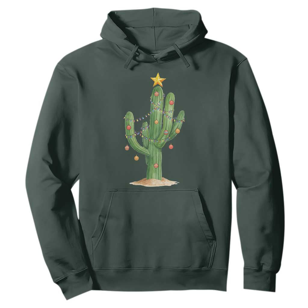 Funny Cactus Christmas Xmas Trees Lights Santa Hat Cactus Lovers Hoodie TS11 Dark Forest Green Print Your Wear
