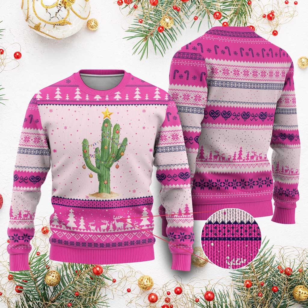 Funny Cactus Christmas Xmas Trees Lights Santa Hat Cactus Lovers Ugly Christmas Sweater TS11 Hot Pink Print Your Wear