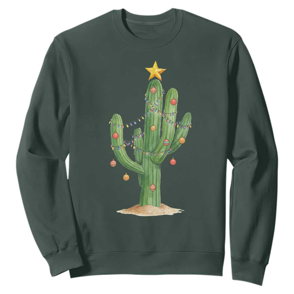 Funny Cactus Christmas Xmas Trees Lights Santa Hat Cactus Lovers Sweatshirt TS11 Dark Forest Green Print Your Wear
