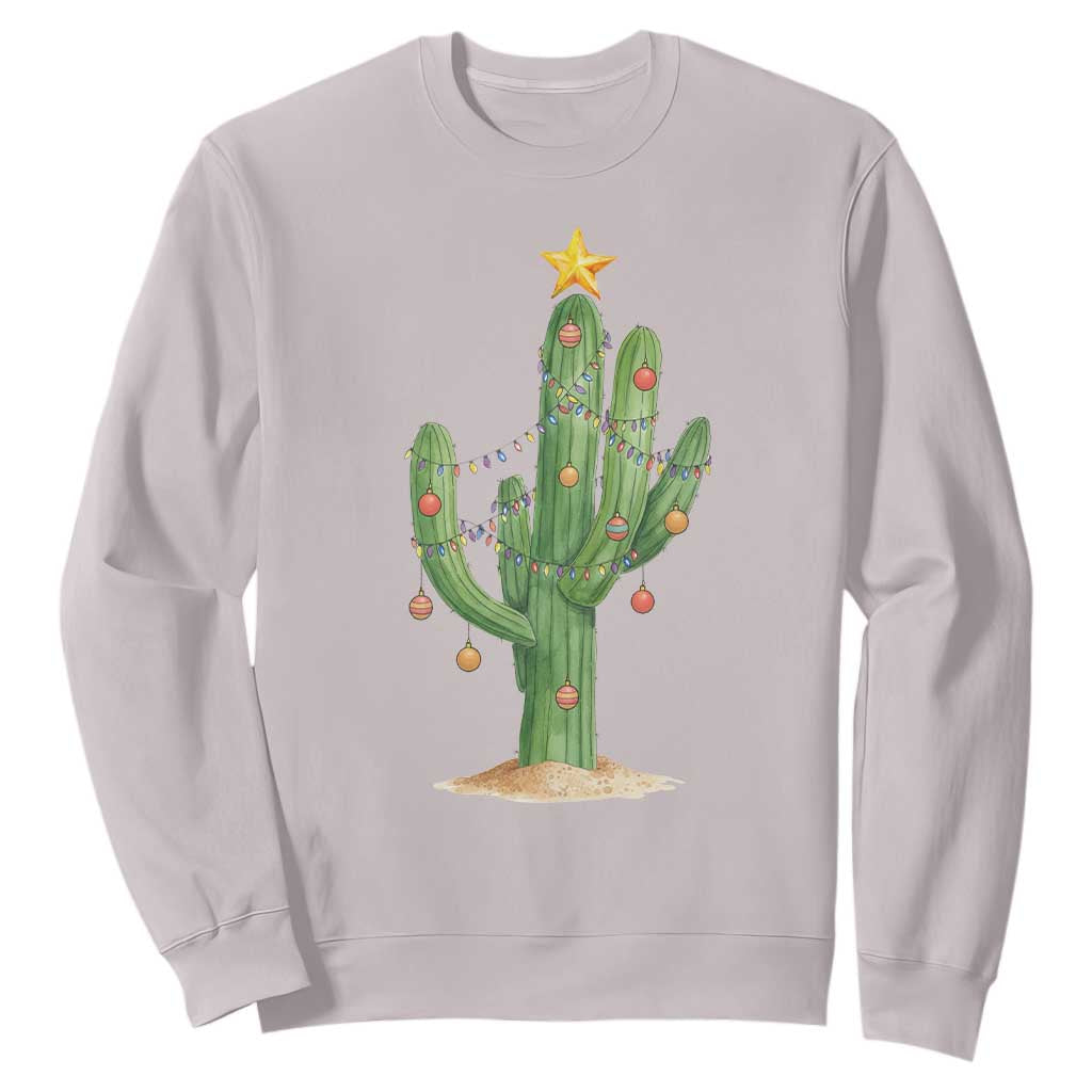 Funny Cactus Christmas Xmas Trees Lights Santa Hat Cactus Lovers Sweatshirt TS11 Ice Gray Print Your Wear