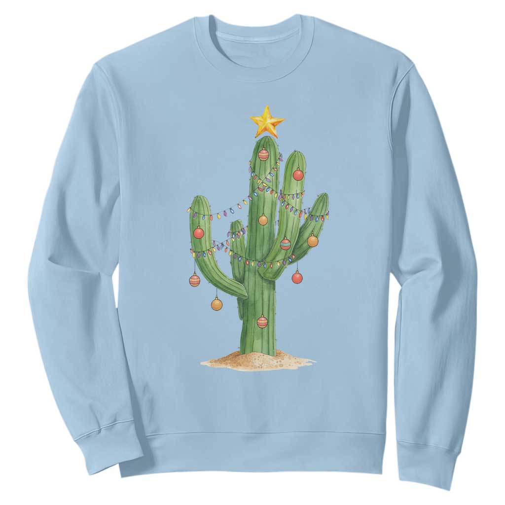 Funny Cactus Christmas Xmas Trees Lights Santa Hat Cactus Lovers Sweatshirt TS11 Light Blue Print Your Wear