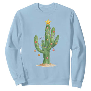 Funny Cactus Christmas Xmas Trees Lights Santa Hat Cactus Lovers Sweatshirt TS11 Light Blue Print Your Wear