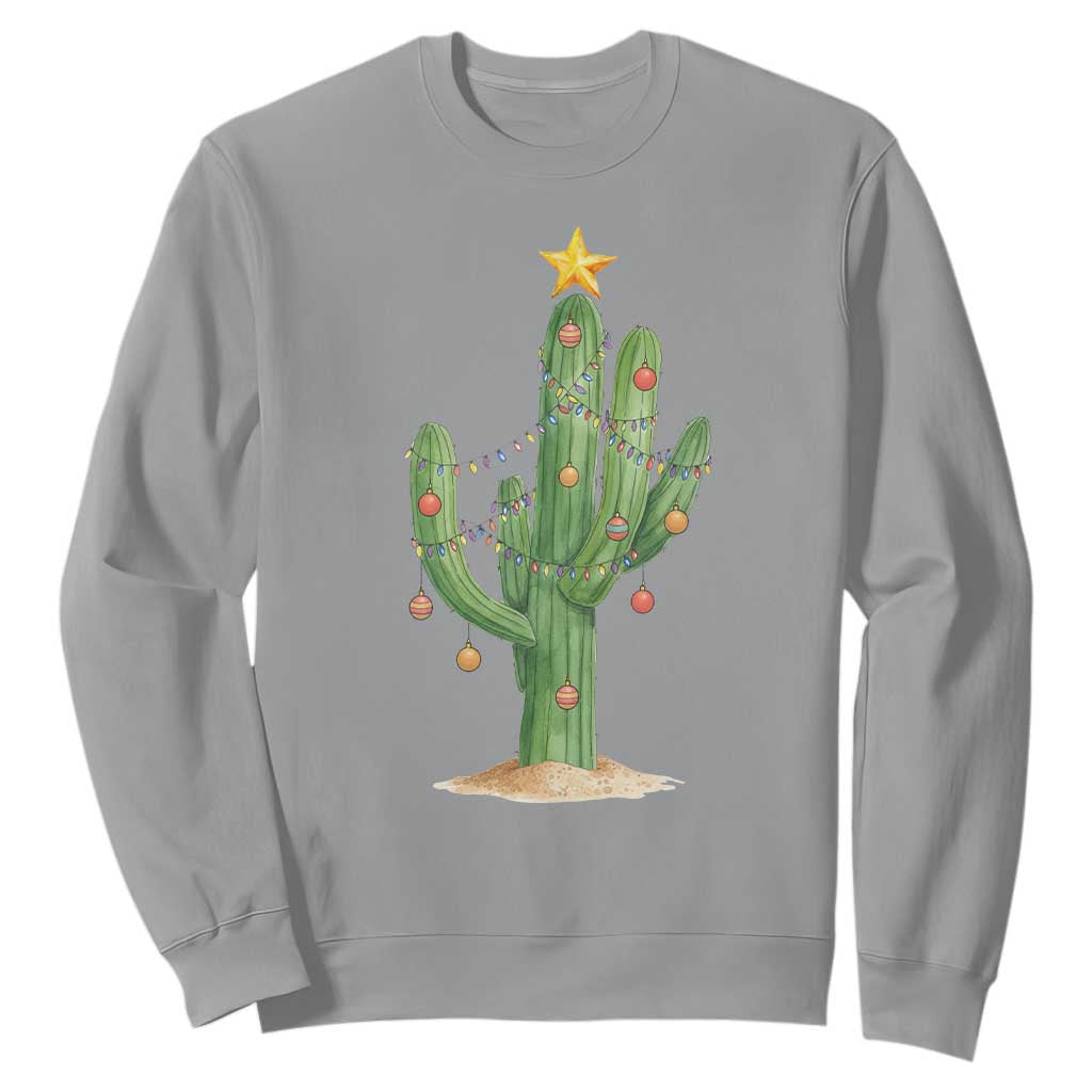 Funny Cactus Christmas Xmas Trees Lights Santa Hat Cactus Lovers Sweatshirt TS11 Sport Gray Print Your Wear