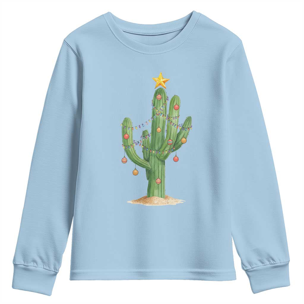 Funny Cactus Christmas Xmas Trees Lights Santa Hat Cactus Lovers Youth Sweatshirt TS11 Light Blue Print Your Wear