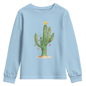 Funny Cactus Christmas Xmas Trees Lights Santa Hat Cactus Lovers Youth Sweatshirt TS11 Light Blue Print Your Wear