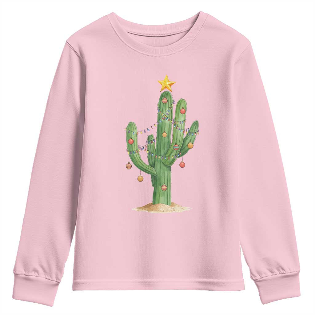 Funny Cactus Christmas Xmas Trees Lights Santa Hat Cactus Lovers Youth Sweatshirt TS11 Light Pink Print Your Wear
