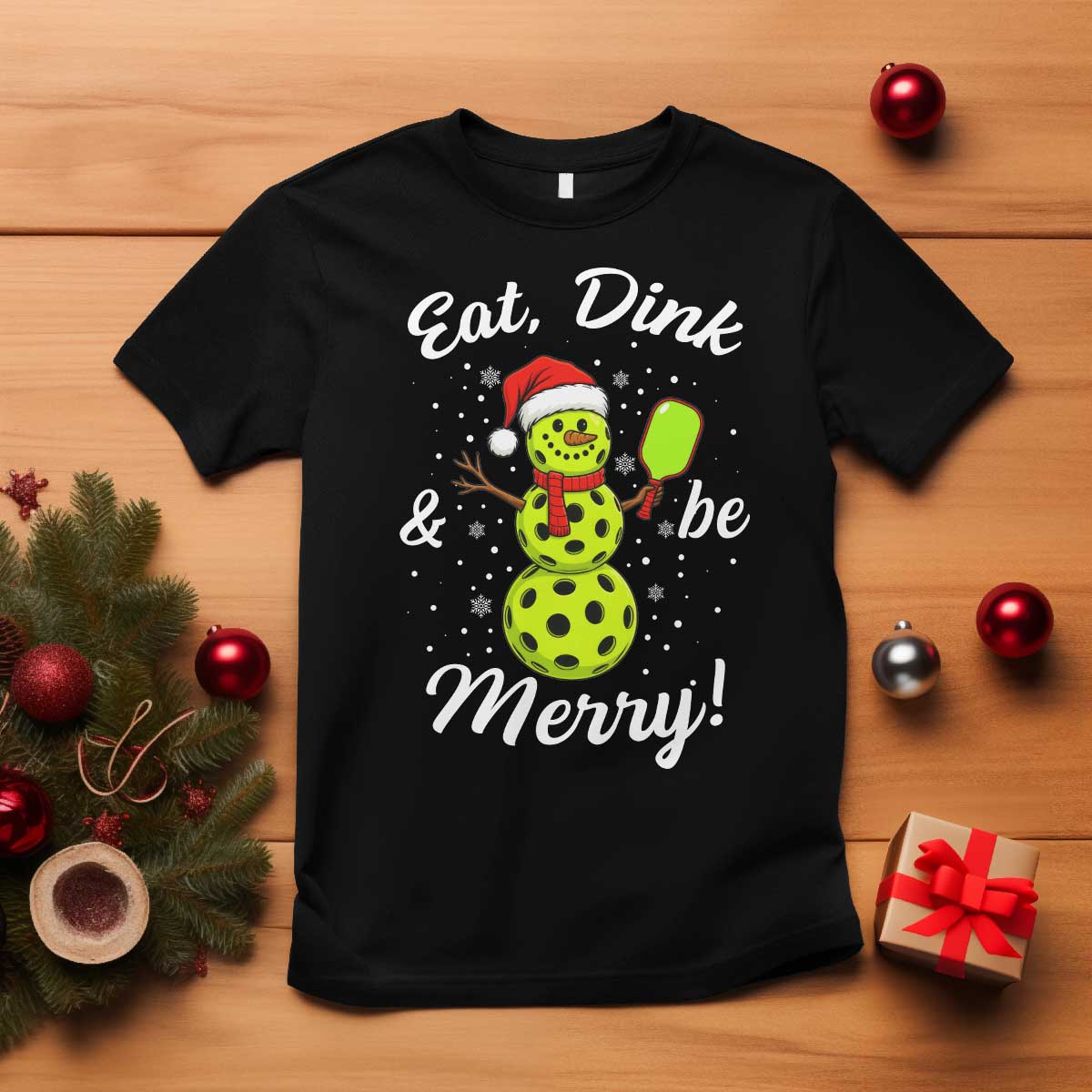 Funny Christmas Pickleball T Shirt Eat Dink And Be Merry Snowman TS11 Black Print Your Wear