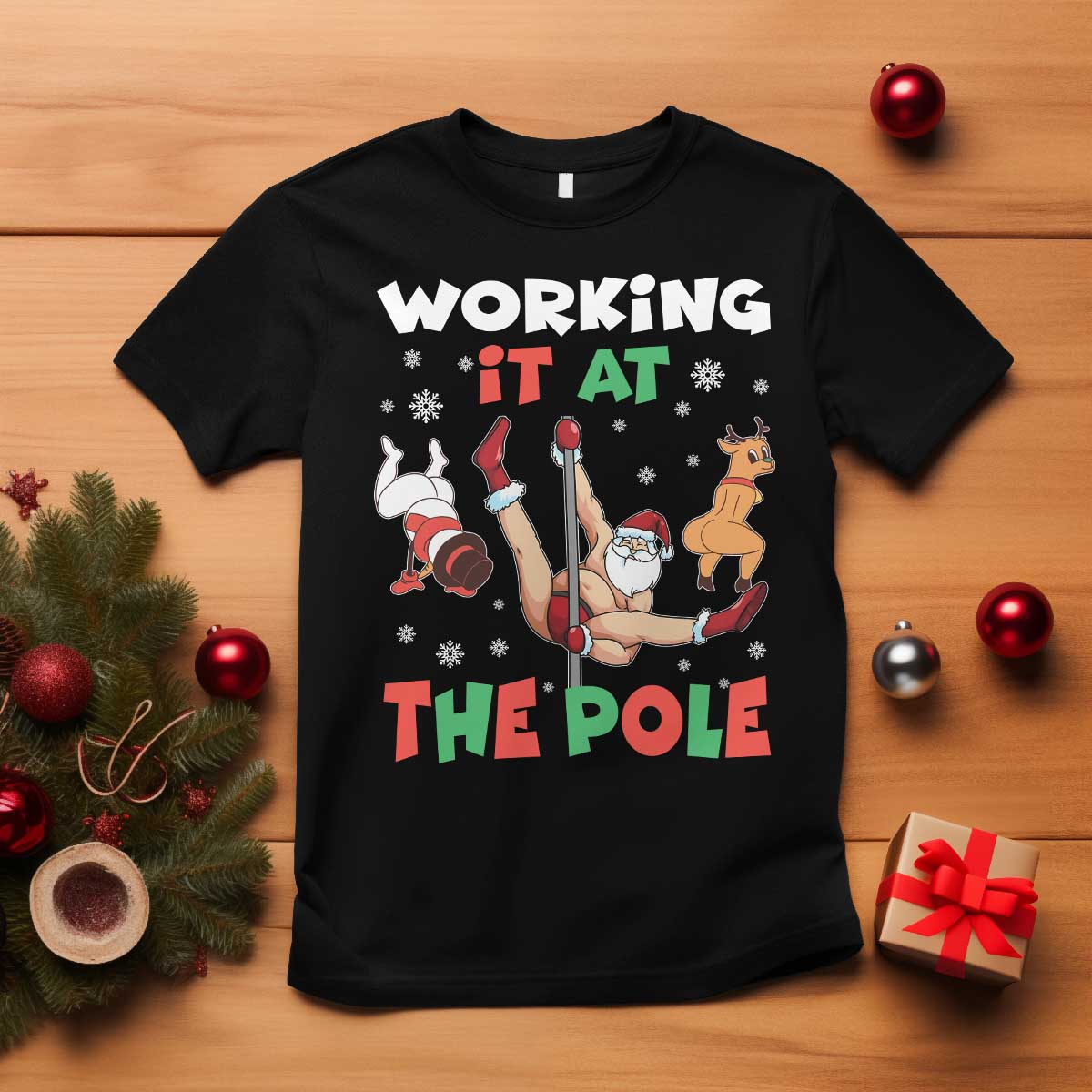 Funny Christmas Naughty Santa T Shirt Working It At The Pole TS11 Black Print Your Wear