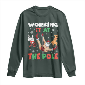 Funny Christmas Naughty Santa Long Sleeve Shirt Working It At The Pole TS11 Dark Forest Green Print Your Wear