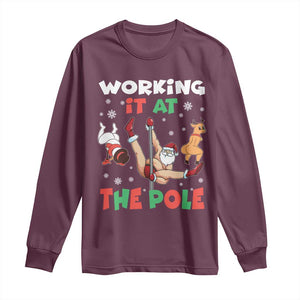 Funny Christmas Naughty Santa Long Sleeve Shirt Working It At The Pole TS11 Maroon Print Your Wear