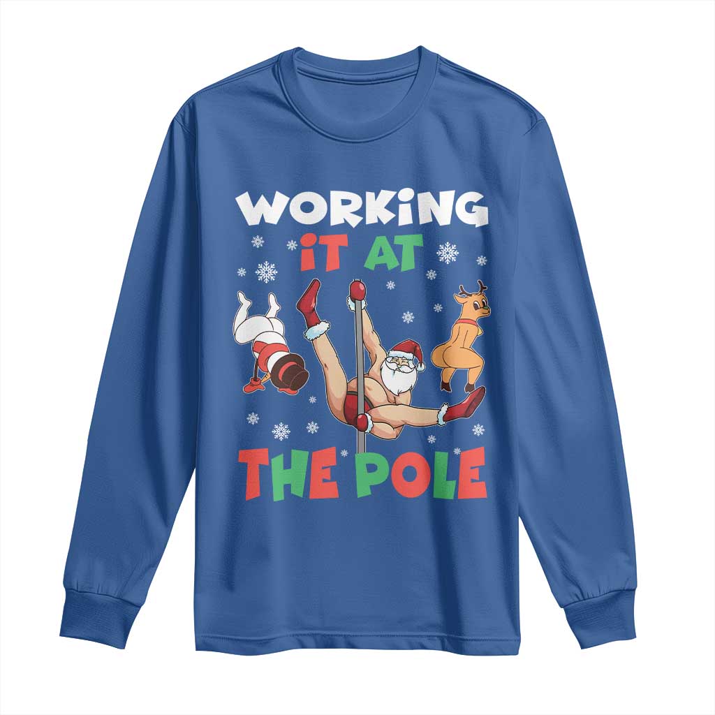 Funny Christmas Naughty Santa Long Sleeve Shirt Working It At The Pole TS11 Royal Blue Print Your Wear