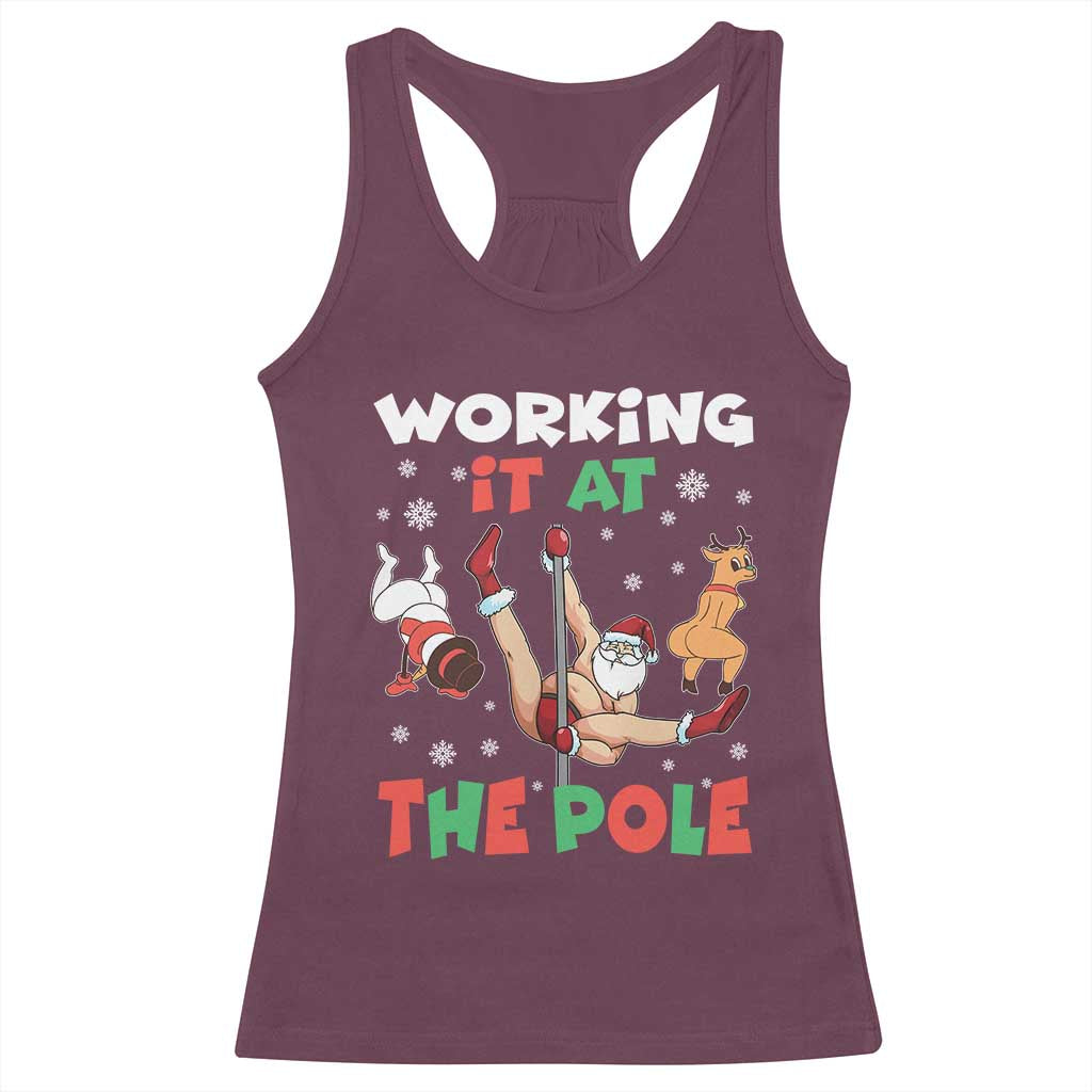 Funny Christmas Naughty Santa Racerback Tank Top Working It At The Pole TS11 Maroon Print Your Wear