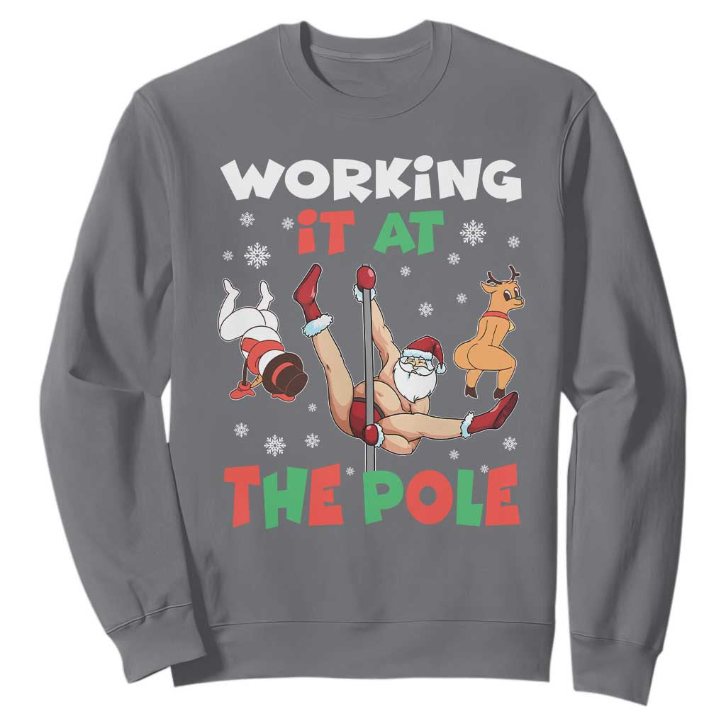 Funny Christmas Naughty Santa Sweatshirt Working It At The Pole TS11 Charcoal Print Your Wear