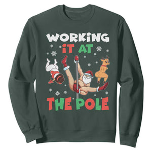 Funny Christmas Naughty Santa Sweatshirt Working It At The Pole TS11 Dark Forest Green Print Your Wear
