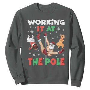 Funny Christmas Naughty Santa Sweatshirt Working It At The Pole TS11 Dark Heather Print Your Wear