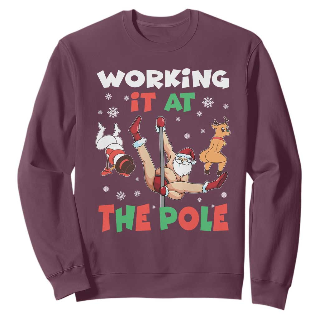 Funny Christmas Naughty Santa Sweatshirt Working It At The Pole TS11 Maroon Print Your Wear