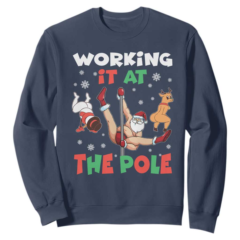 Funny Christmas Naughty Santa Sweatshirt Working It At The Pole TS11 Navy Print Your Wear