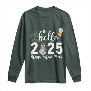 Hello 2025 Happy New Year Long Sleeve Shirt Snowman Firework New Year's Eve TS11 Dark Forest Green Print Your Wear