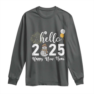 Hello 2025 Happy New Year Long Sleeve Shirt Snowman Firework New Year's Eve TS11 Dark Heather Print Your Wear