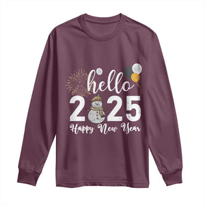 Hello 2025 Happy New Year Long Sleeve Shirt Snowman Firework New Year's Eve TS11 Maroon Print Your Wear