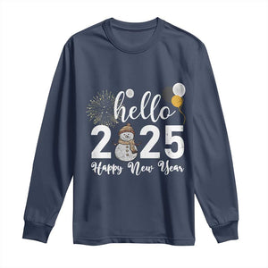 Hello 2025 Happy New Year Long Sleeve Shirt Snowman Firework New Year's Eve TS11 Navy Print Your Wear