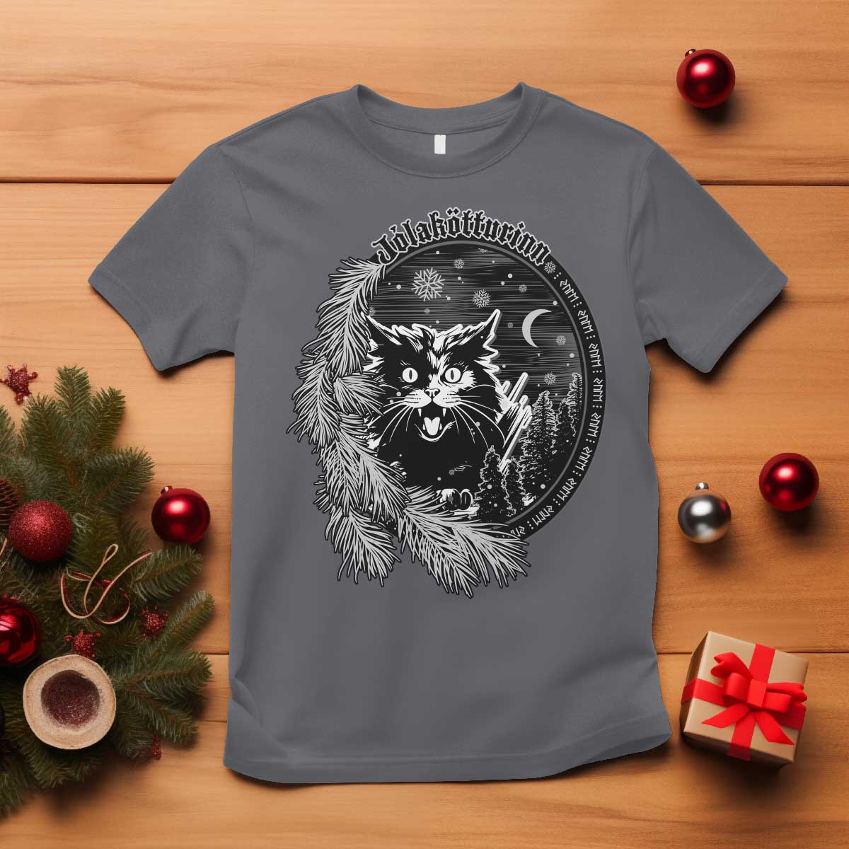 Funny Yule Black Cat Mistletoe Jolakotturinn T Shirt TS11 Charcoal Print Your Wear