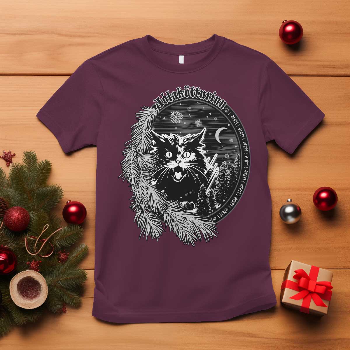 Funny Yule Black Cat Mistletoe Jolakotturinn T Shirt TS11 Maroon Print Your Wear
