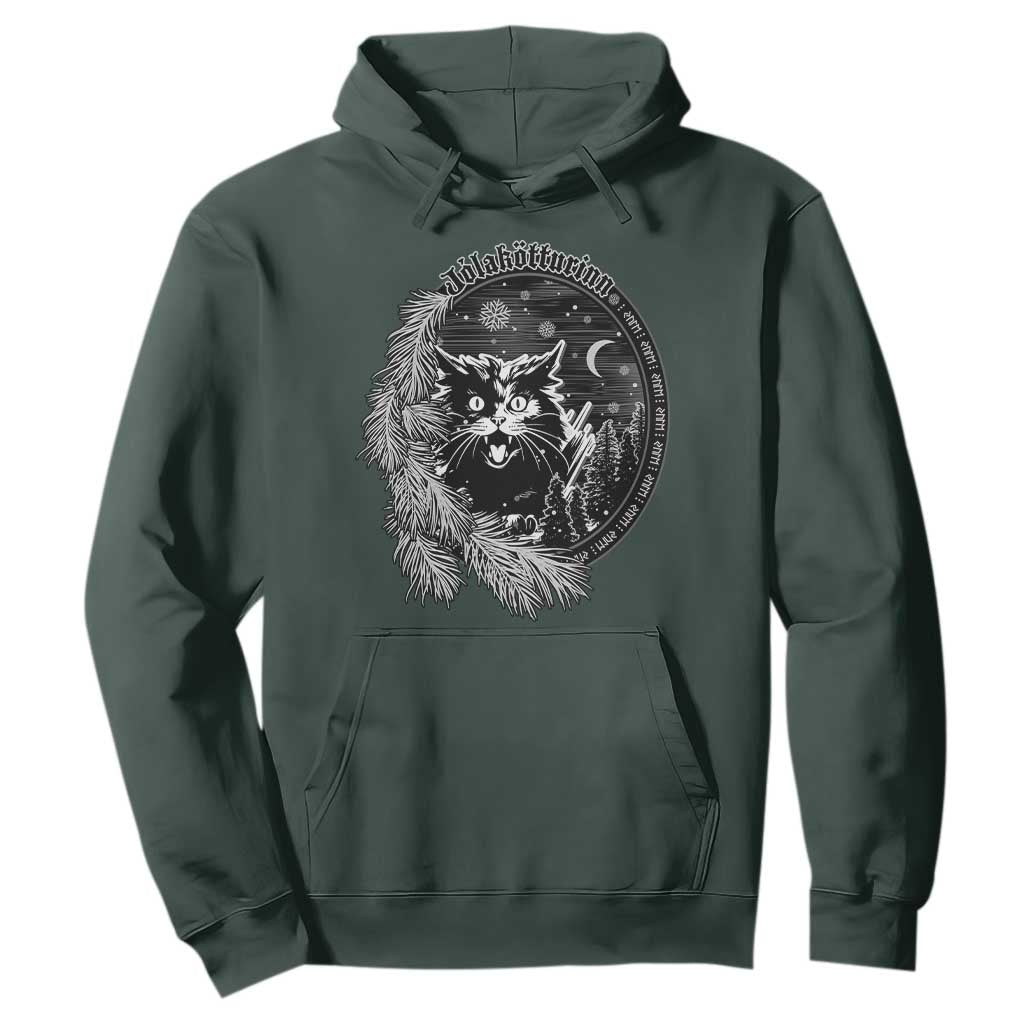 Funny Yule Black Cat Mistletoe Jolakotturinn Hoodie TS11 Dark Forest Green Print Your Wear