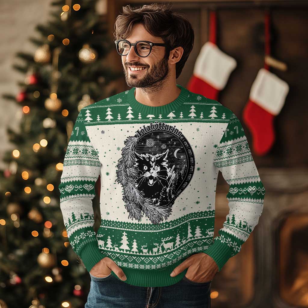 Funny Yule Black Cat Mistletoe Jolakotturinn Ugly Christmas Sweater TS11 Green Print Your Wear
