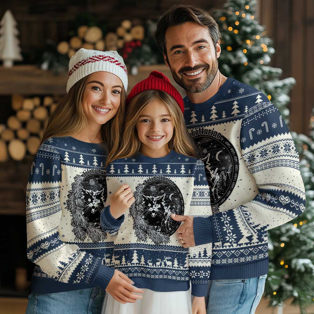 Funny Yule Black Cat Mistletoe Jolakotturinn Ugly Christmas Sweater TS11 Navy Print Your Wear