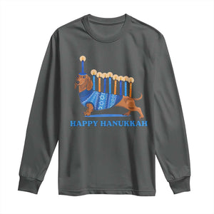 Funny Happy Hanukkah Dachshund Wiener Dog Menorah Long Sleeve Shirt TS11 Dark Heather Print Your Wear