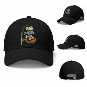 Funny Here Fishy Fishy Retro Fisherman Baseball Cap TS11 Baseball Cap Universal Fit Black Print Your Wear