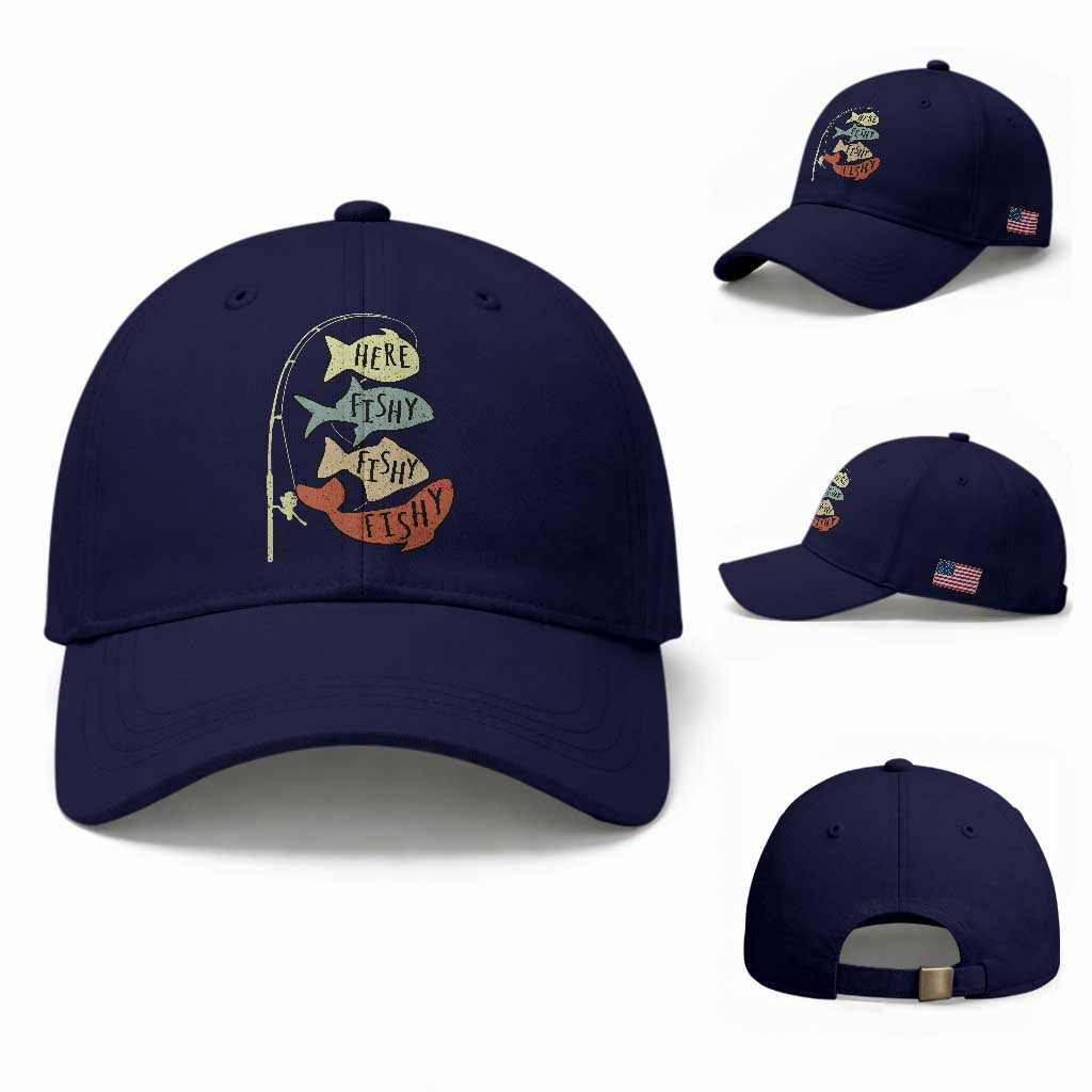 Funny Here Fishy Fishy Retro Fisherman Baseball Cap TS11 Baseball Cap Universal Fit Dark Blue Print Your Wear