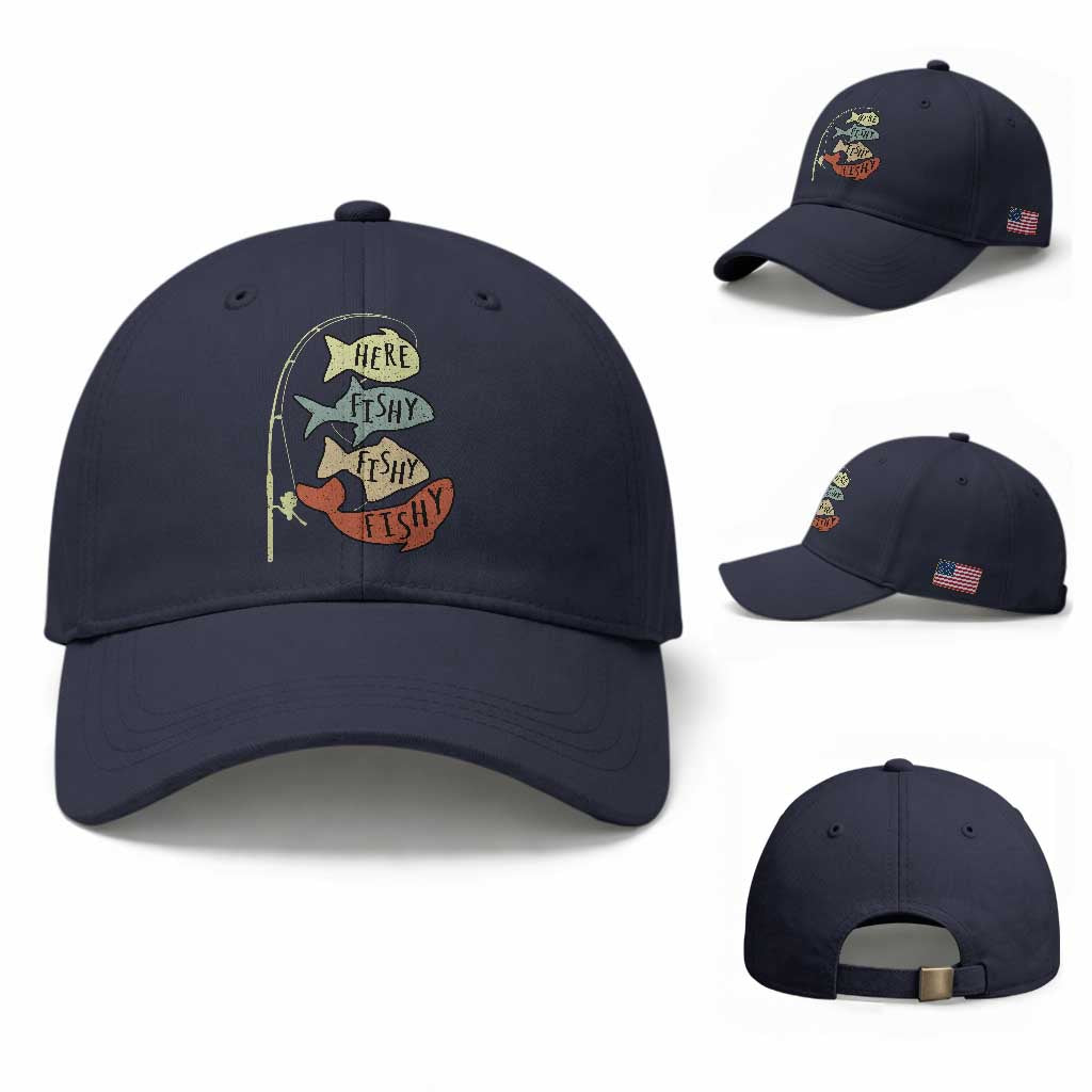Funny Here Fishy Fishy Retro Fisherman Baseball Cap TS11 Baseball Cap Universal Fit Navy Print Your Wear