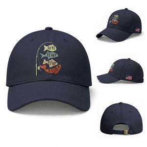 Funny Here Fishy Fishy Retro Fisherman Baseball Cap TS11 Baseball Cap Universal Fit Navy Print Your Wear
