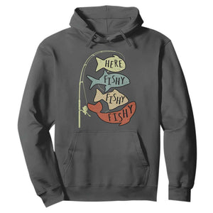 Funny Here Fishy Fishy Retro Fisherman Hoodie TS11 Dark Heather Print Your Wear