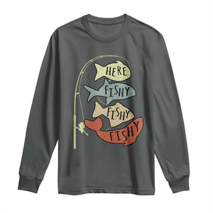 Funny Here Fishy Fishy Retro Fisherman Long Sleeve Shirt TS11 Dark Heather Print Your Wear