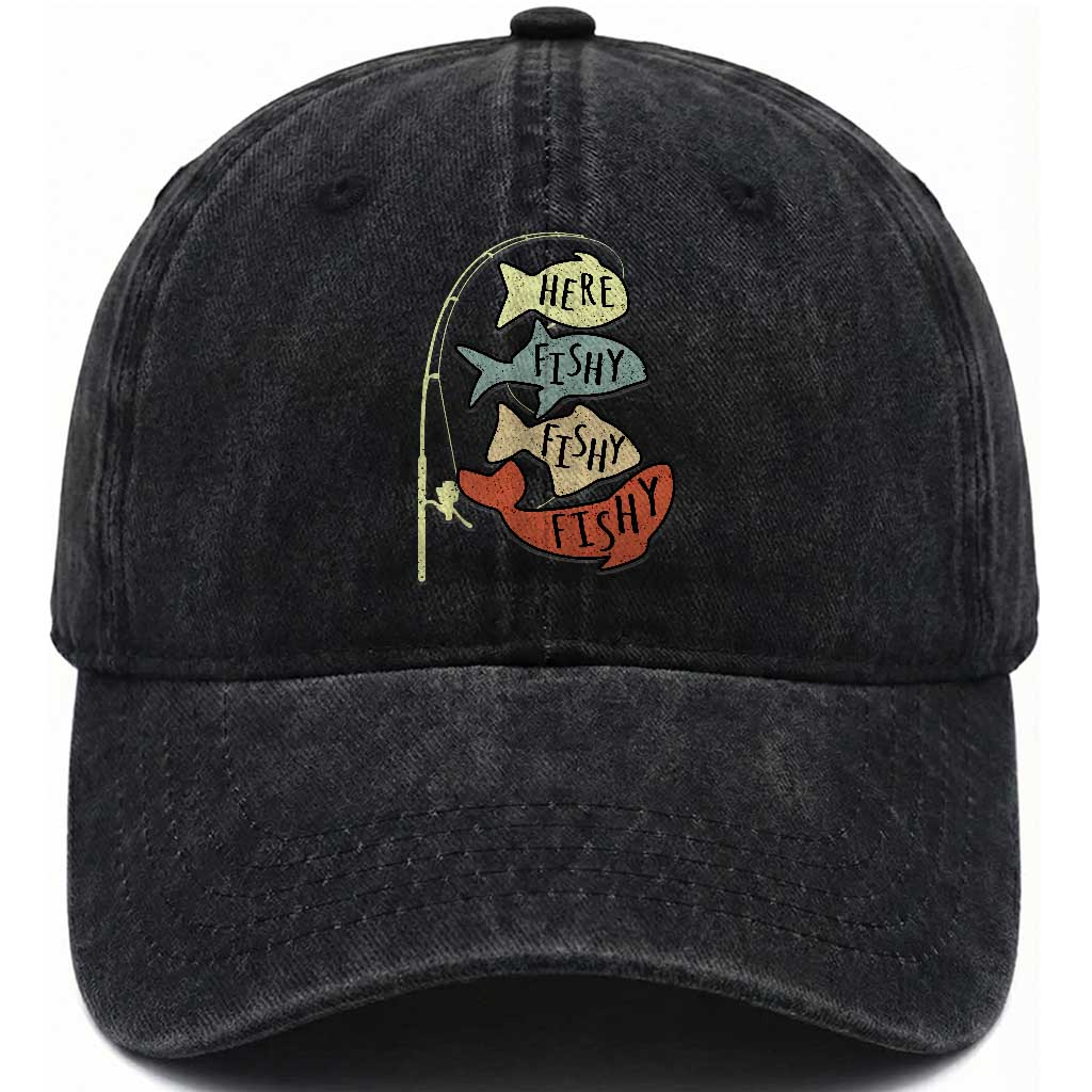 Funny Here Fishy Fishy Retro Fisherman Washed Cotton Baseball Cap TS11 Print Your Wear