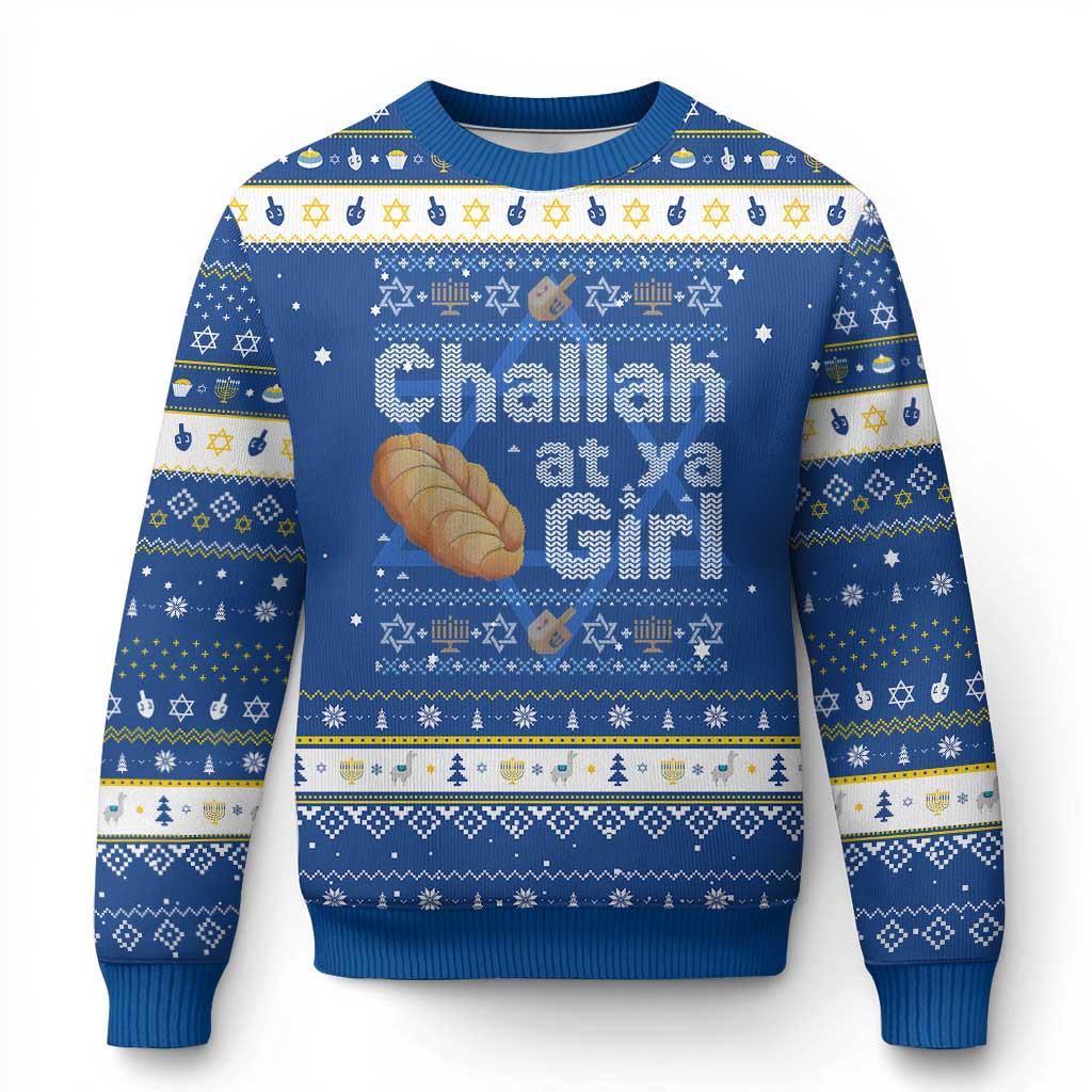 Funny Chanukah Hanukkah Ugly Sweater Challah At Ya Girl Jewish Holiday TS11 Blue White Print Your Wear