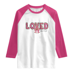 Loved John 3:16 Raglan Shirt Christian Religious God Bible Verses Valentine's Day Pink Bow TS11 White Heliconia Print Your Wear