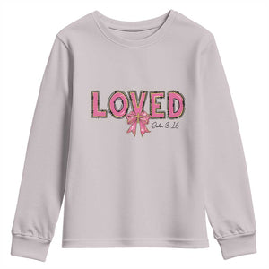 Loved John 3:16 Youth Sweatshirt Christian Religious God Bible Verses Valentine's Day Pink Bow TS11 Ice Gray Print Your Wear