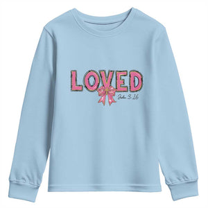 Loved John 3:16 Youth Sweatshirt Christian Religious God Bible Verses Valentine's Day Pink Bow TS11 Light Blue Print Your Wear