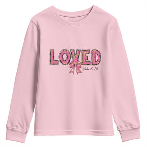 Loved John 3:16 Youth Sweatshirt Christian Religious God Bible Verses Valentine's Day Pink Bow TS11 Light Pink Print Your Wear